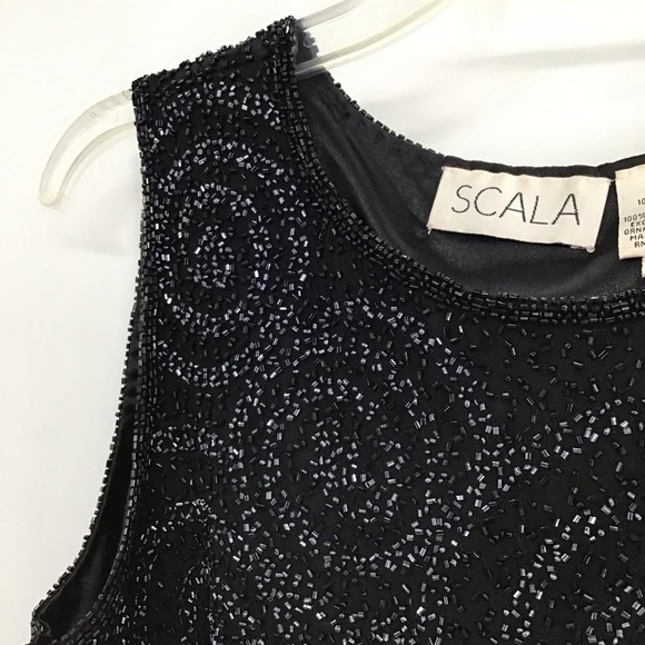 Scala Vintage Silk Beaded Sleeveless Shell Top Black Party Evening Size L - Picture 5 of 8